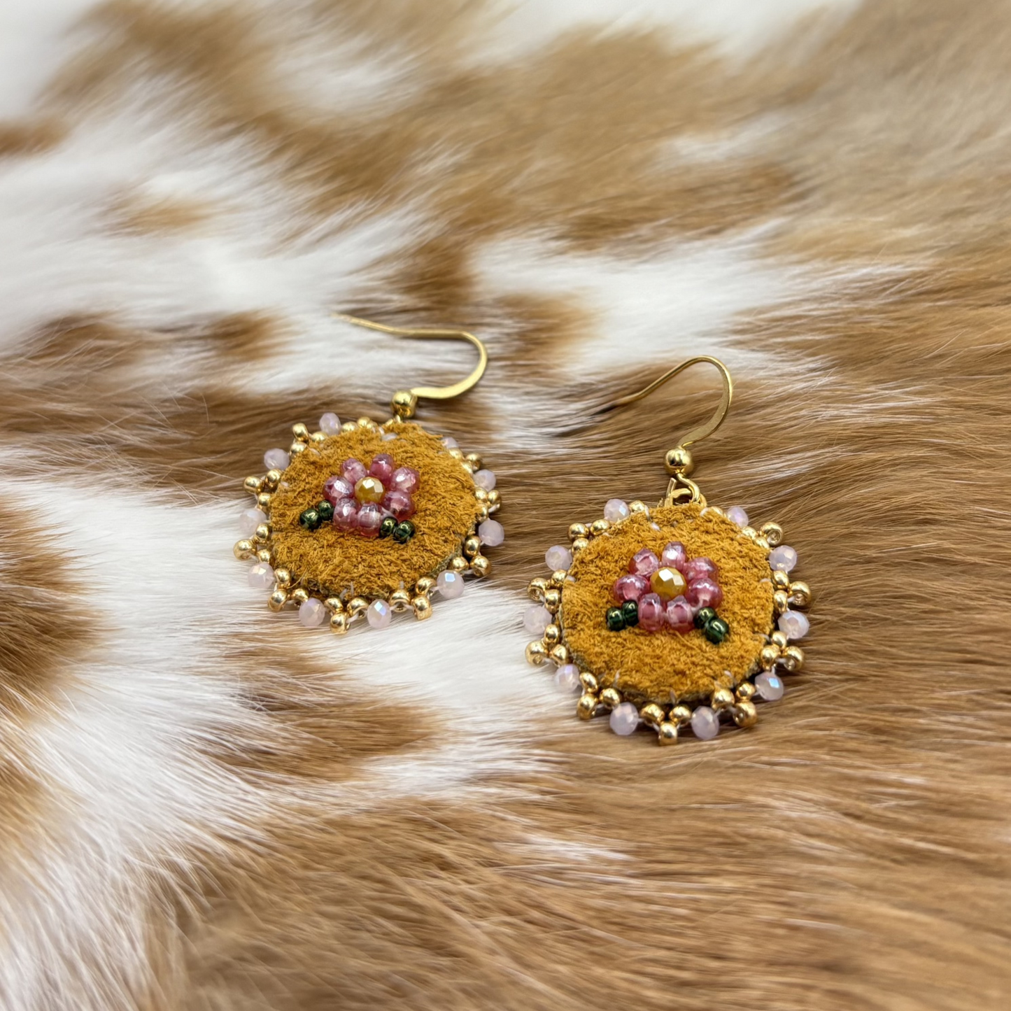 Pink Floral Moose Hide Earrings