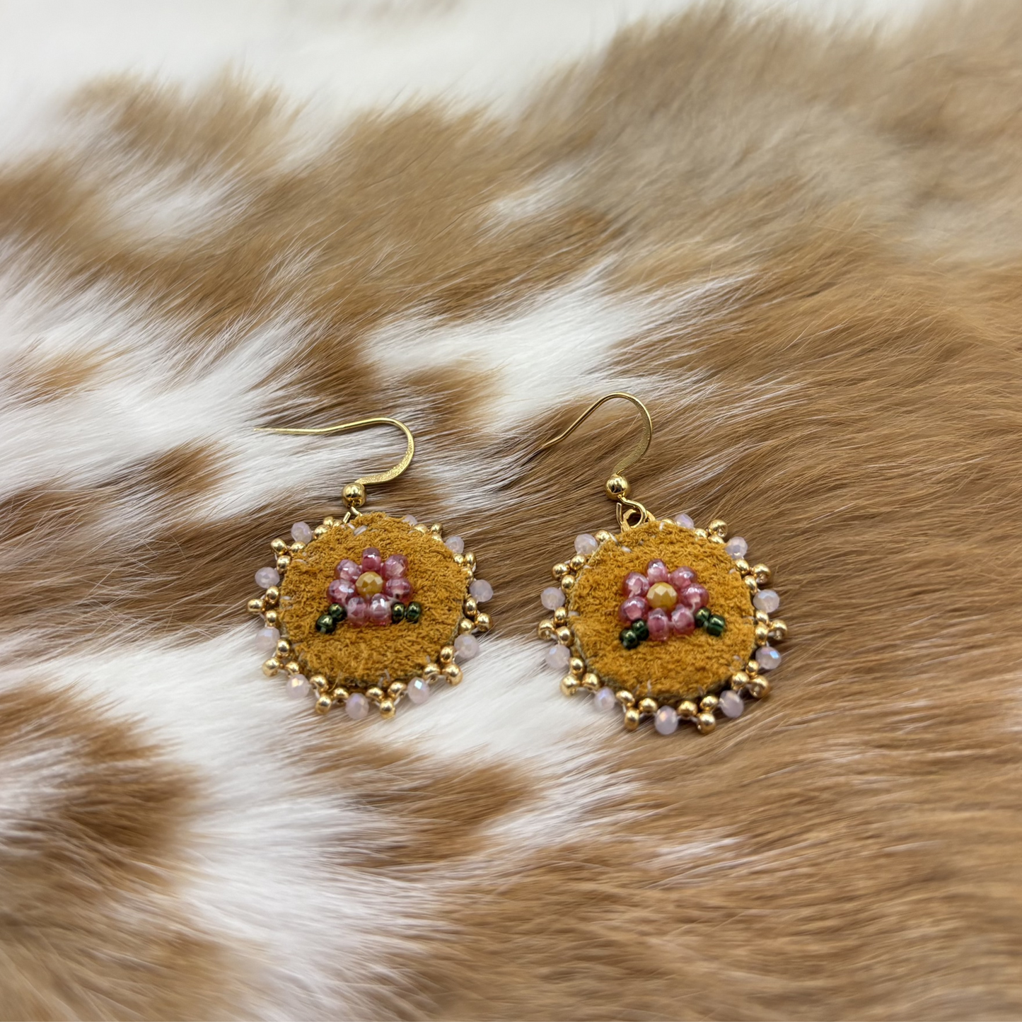 Pink Floral Moose Hide Earrings