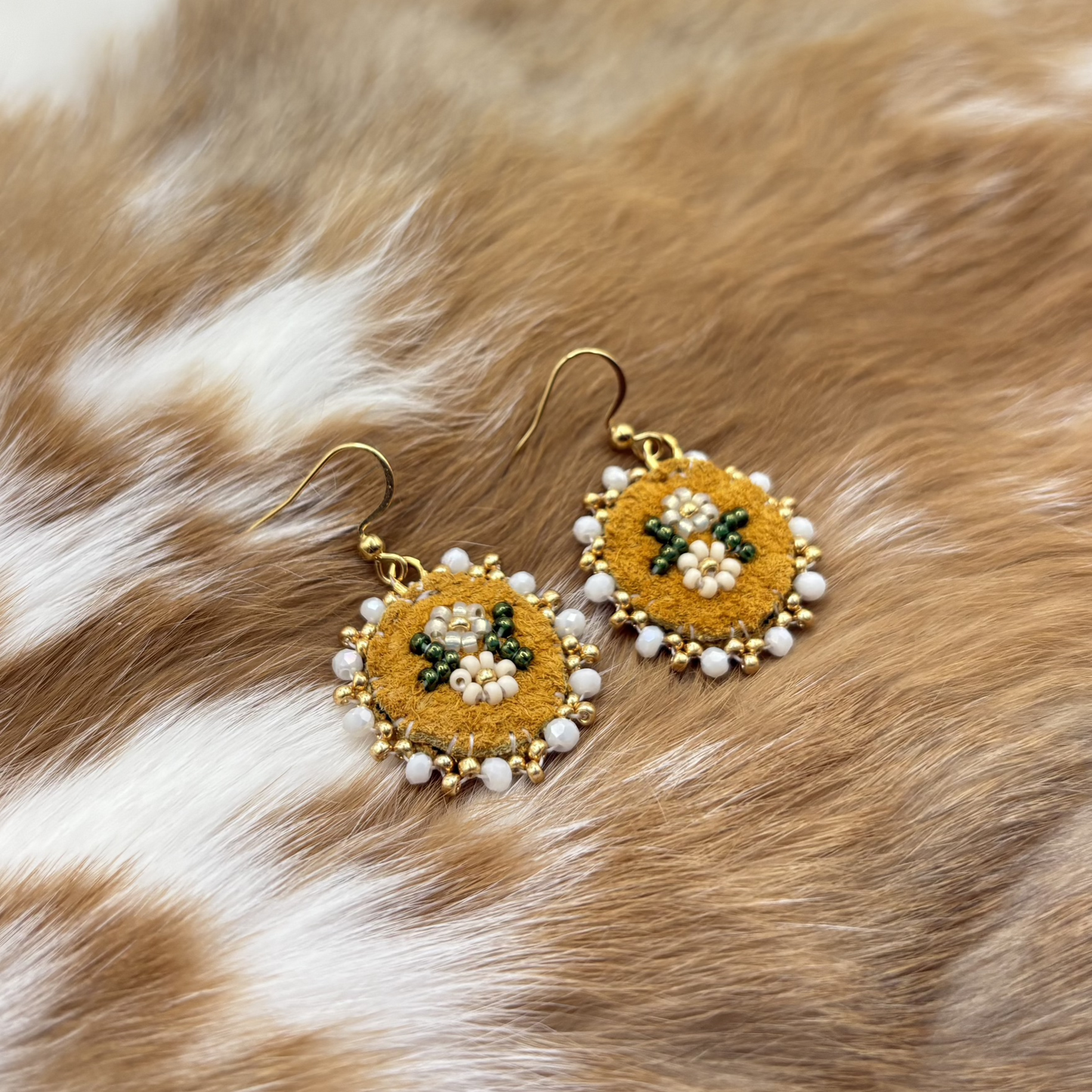 Cream Floral Moose Hide Earrings