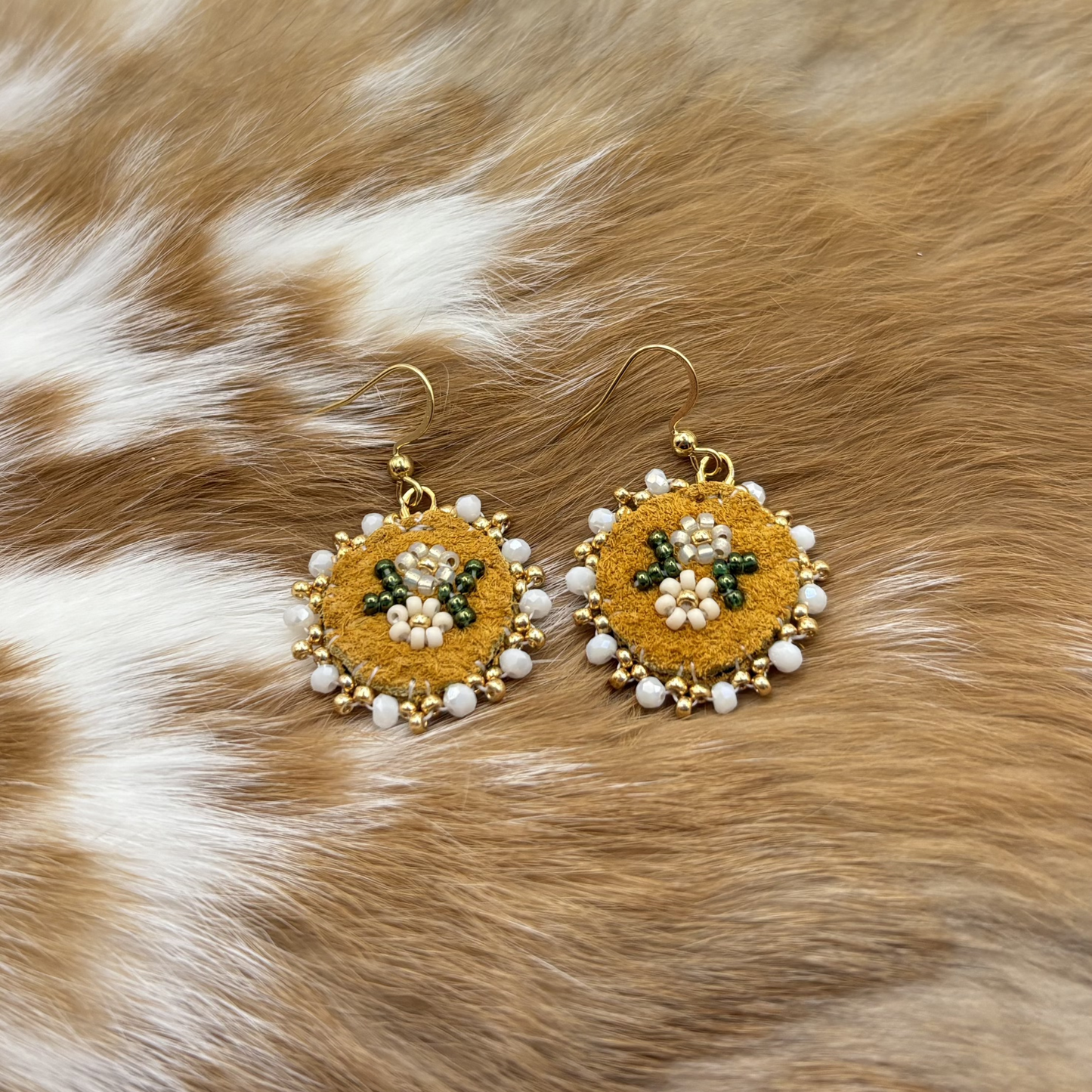 Cream Floral Moose Hide Earrings