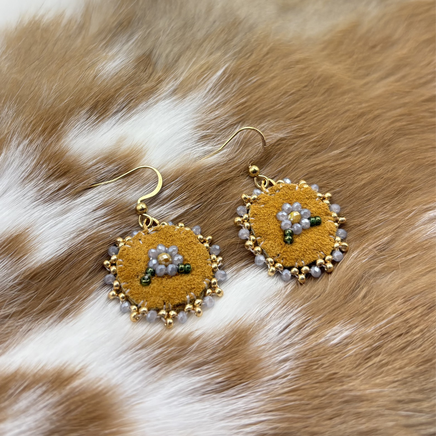 Smoke Grey Floral Moose Hide Earrings