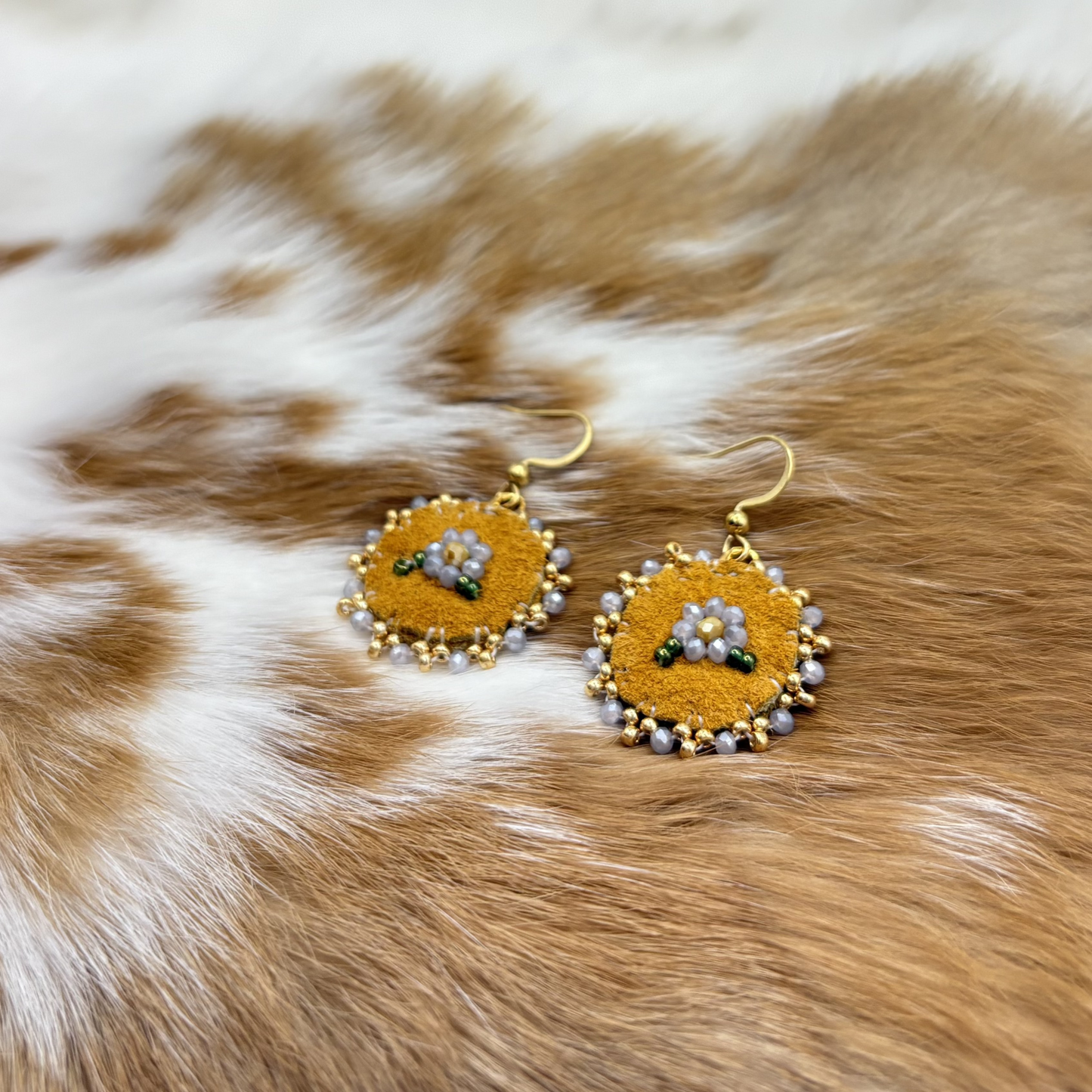 Smoke Grey Floral Moose Hide Earrings