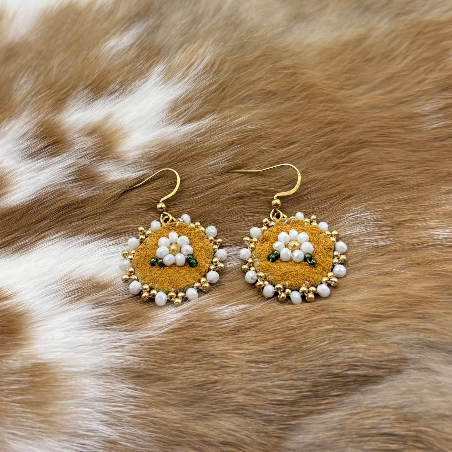 Cream Floral Moose Hide Earrings