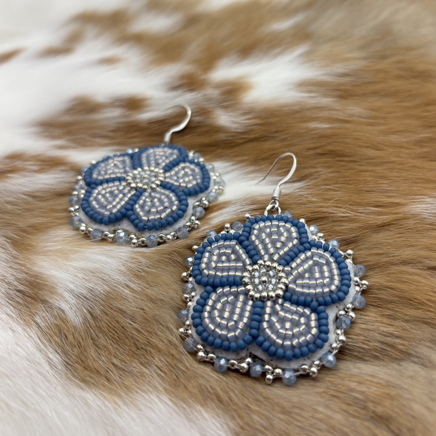 Matte Denim & Silver Flower Earrings