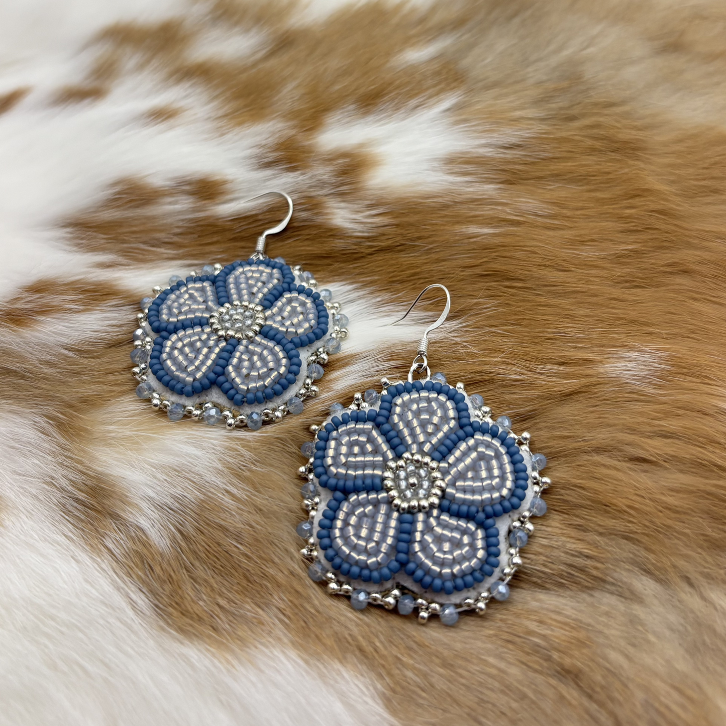 Matte Denim & Silver Flower Earrings