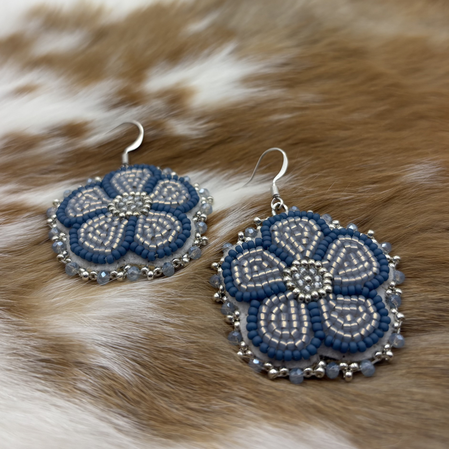 Matte Denim & Silver Flower Earrings