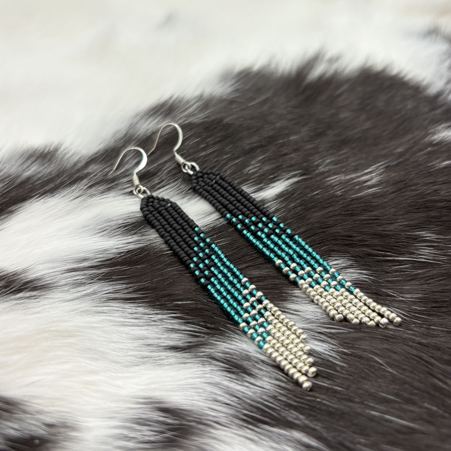 Matte Black, Teal & Silver Asymmetrical Fringe Earrings