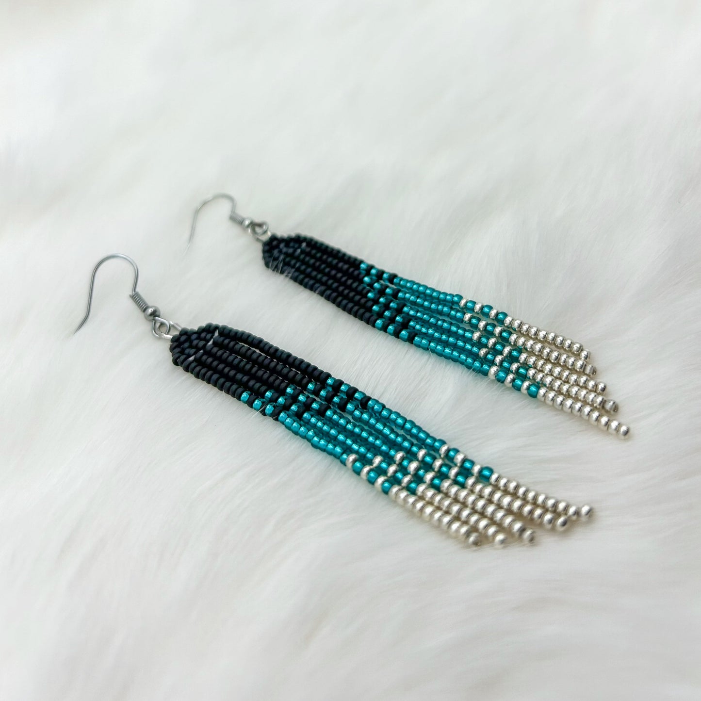 Matte Black, Teal & Silver Asymmetrical Fringe Earrings