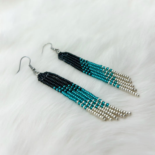 Matte Black, Teal & Silver Asymmetrical Fringe Earrings