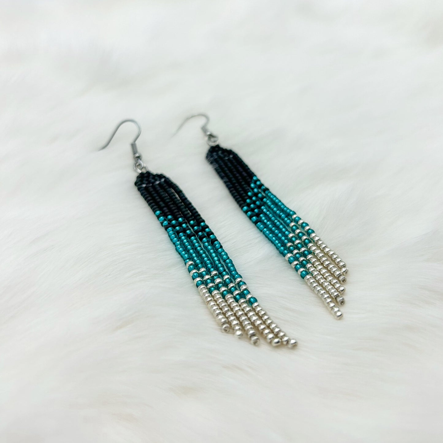 Matte Black, Teal & Silver Asymmetrical Fringe Earrings