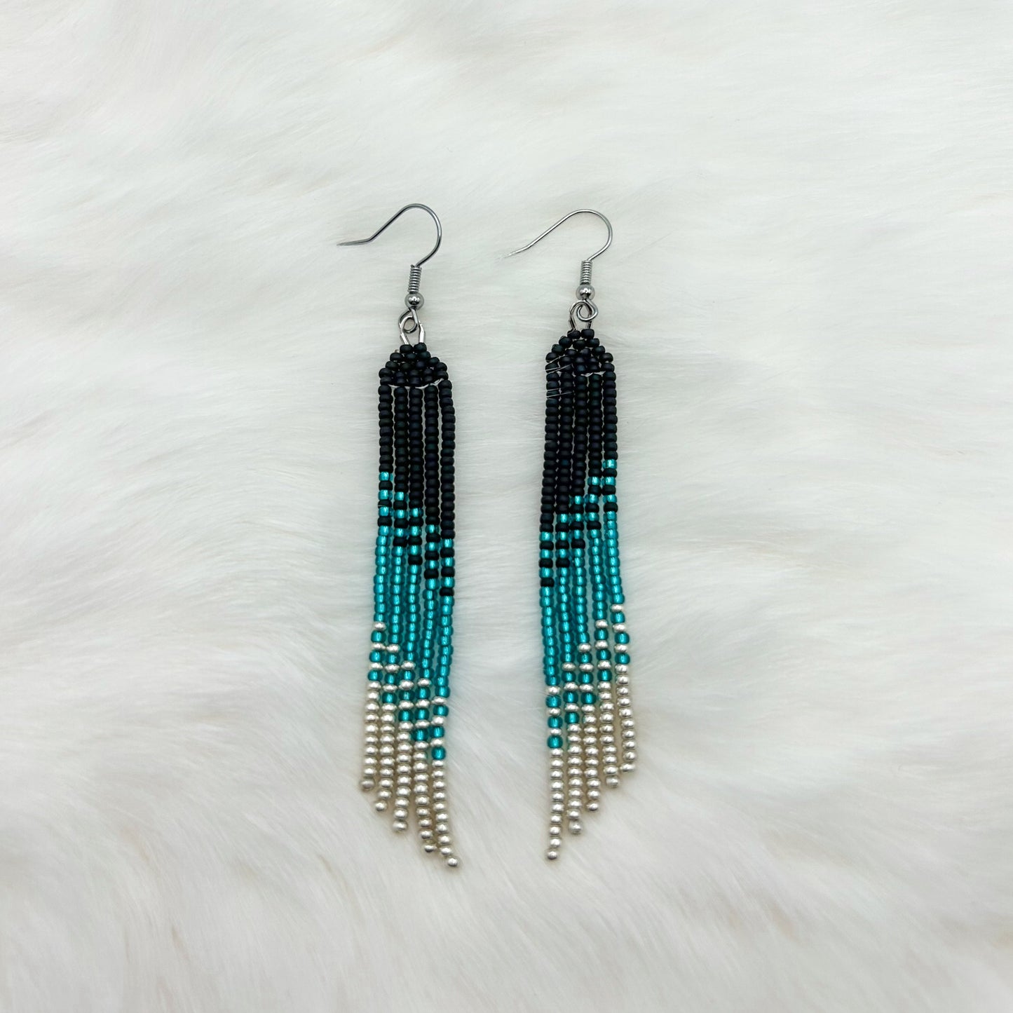 Matte Black, Teal & Silver Asymmetrical Fringe Earrings